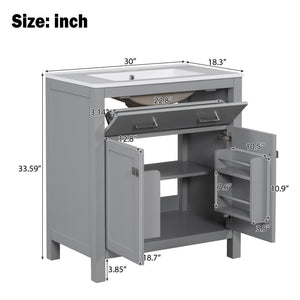 English Elm 30" Modern Bathroom Vanity with Ceramic Sink and Soft-Close Doors, Solid Wood MDF Build, Sleek Handles Gray N729P263155E