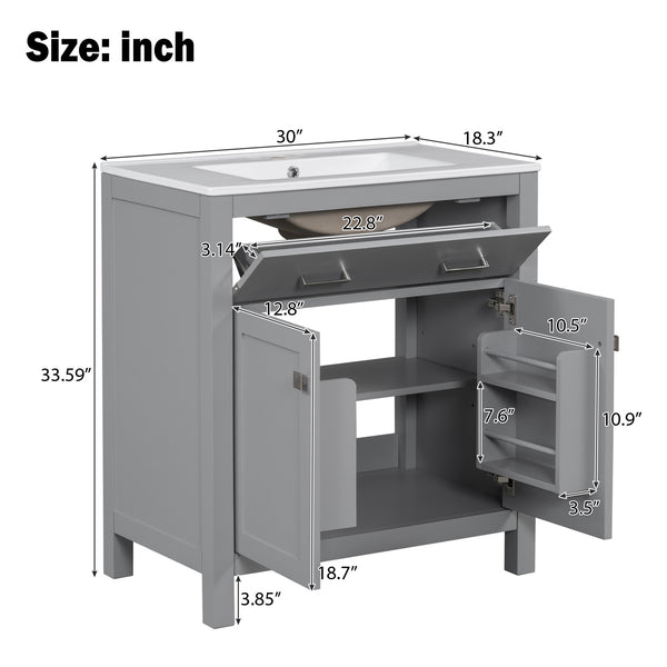 English Elm 30" Modern Bathroom Vanity with Ceramic Sink and Soft-Close Doors, Solid Wood MDF Build, Sleek Handles Gray N729P263155E