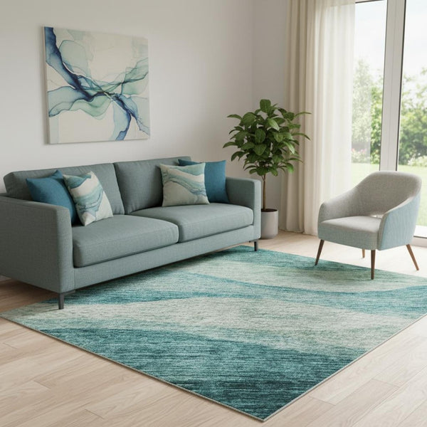 HomeRoots 5' X 8' Teal Aqua Abstract Area Rug - Washable, UV Protected, Stain Resistant for Modern Homes 686350