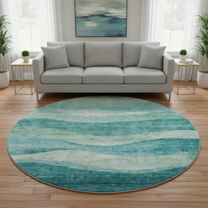 HomeRoots 8' Teal And Aqua Abstract Round Rug - Stylish, Washable, UV-Protected, Perfect for High-Traffic Spaces 686351