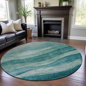 HomeRoots 8' Teal And Aqua Abstract Round Rug - Stylish, Washable, UV-Protected, Perfect for High-Traffic Spaces 686351