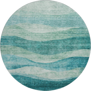 HomeRoots 8' Teal And Aqua Abstract Round Rug - Stylish, Washable, UV-Protected, Perfect for High-Traffic Spaces 686351
