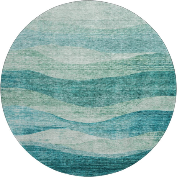 HomeRoots 8' Teal And Aqua Abstract Round Rug - Stylish, Washable, UV-Protected, Perfect for High-Traffic Spaces 686351