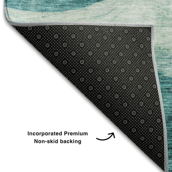 HomeRoots 8' Teal And Aqua Abstract Round Rug - Stylish, Washable, UV-Protected, Perfect for High-Traffic Spaces 686351