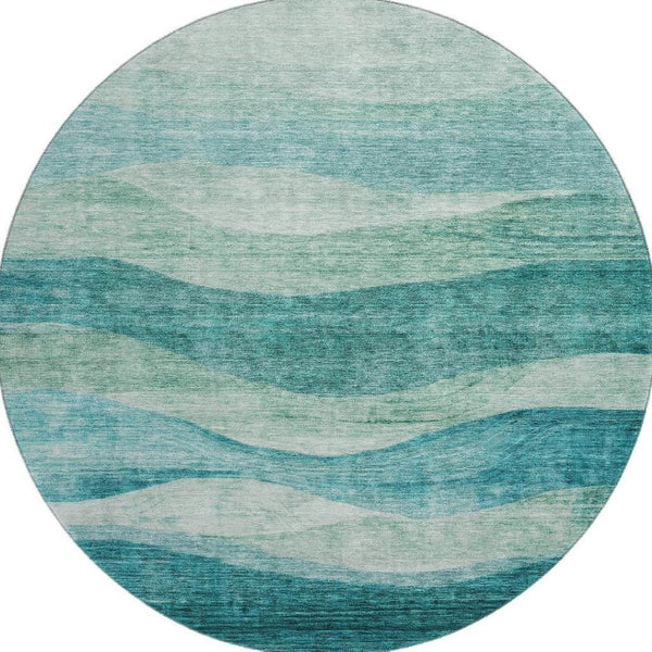 HomeRoots 8' Teal And Aqua Abstract Round Rug - Stylish, Washable, UV-Protected, Perfect for High-Traffic Spaces 686351