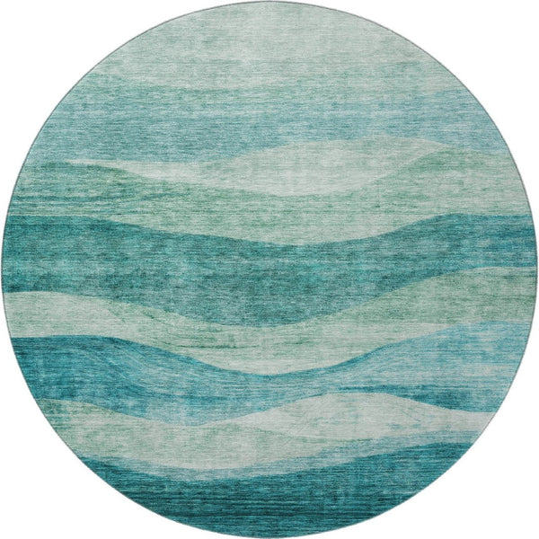 HomeRoots 8' Teal And Aqua Abstract Round Rug - Stylish, Washable, UV-Protected, Perfect for High-Traffic Spaces 686351