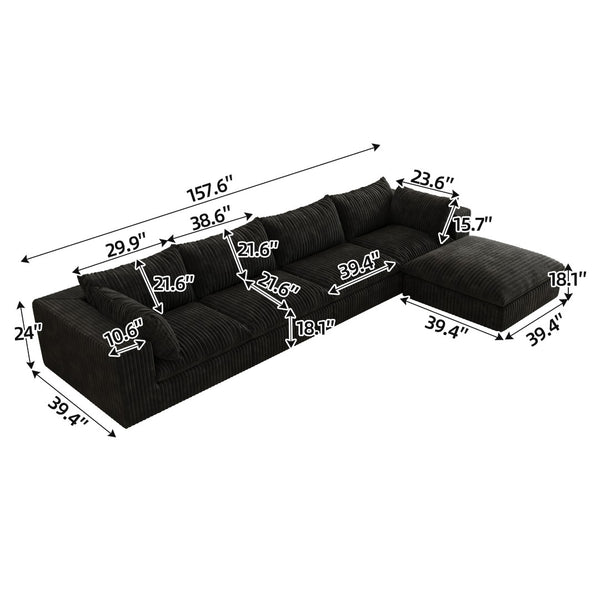English Elm 157.6" Corduroy Modular Cloud Sofa Feather Fill Deep Lounge Seating for Living Room Black W2824S00185