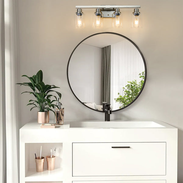 English Elm 24" Modern 4-Light Vanity Light Fixture - Brushed Nickel & Clear Glass Shades For Stylish Illumination W2312P374795