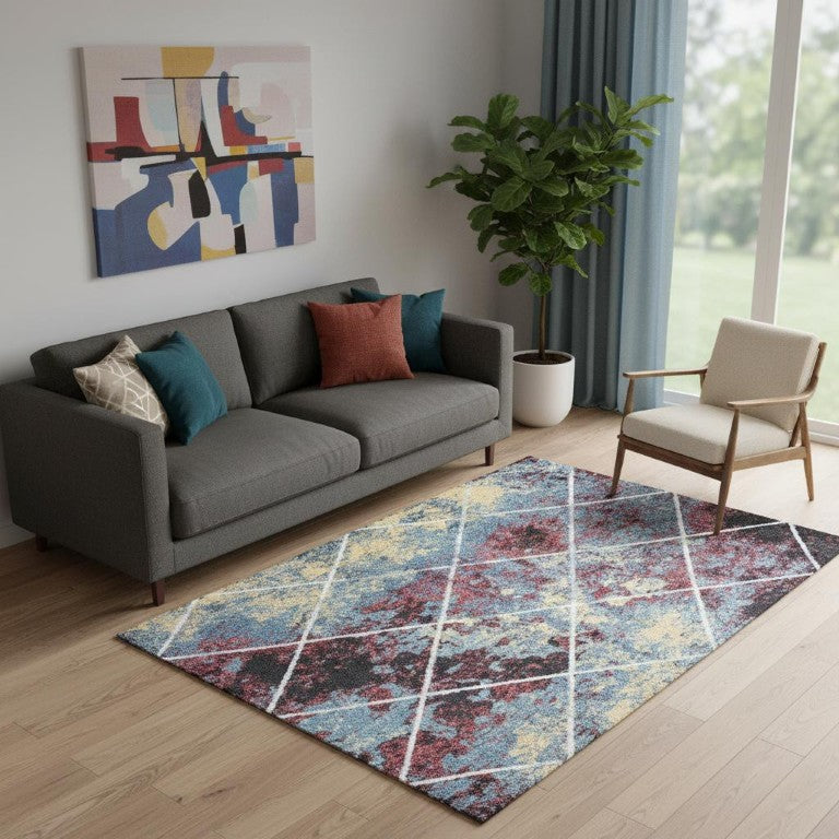 5 X 8 Diamond Pattern Polypropylene Area Rug Low Pile for Living Room or Entryway
