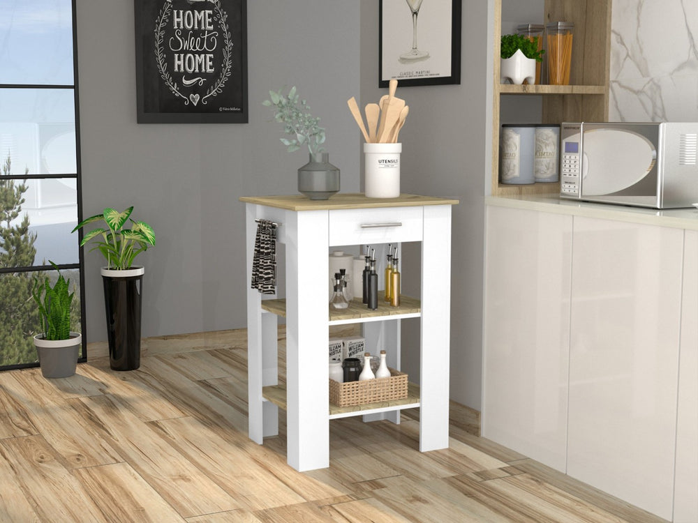 English Elm Brooklyn Two-tone Kitchen Island with Oak Top Open Shelves Drawer and Towel Rack B128P148882