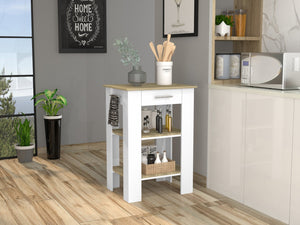 English Elm Brooklyn Two-tone Kitchen Island with Oak Top Open Shelves Drawer and Towel Rack B128P148882