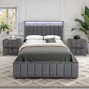 English Elm Beige Fabric Upholstered Nightstand with Channel Tufting Nailhead Trim and Crystal Knobs Dark Gray B2741P421105