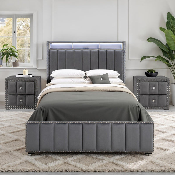 English Elm Contemporary Full Bedroom Set Channel Tufted Upholstered Bed with Led and Nightstands Dark Gray B2741S00778