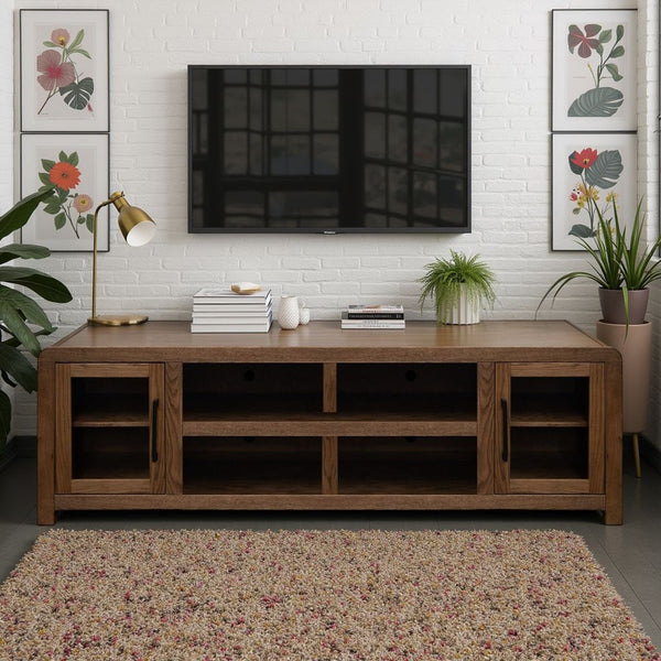 English Elm Haven 82" Fully Assembled Tv Stand With Glass Doors, Stylish Oak Bourbon Finish For Tvs Up To 90" B108P364415