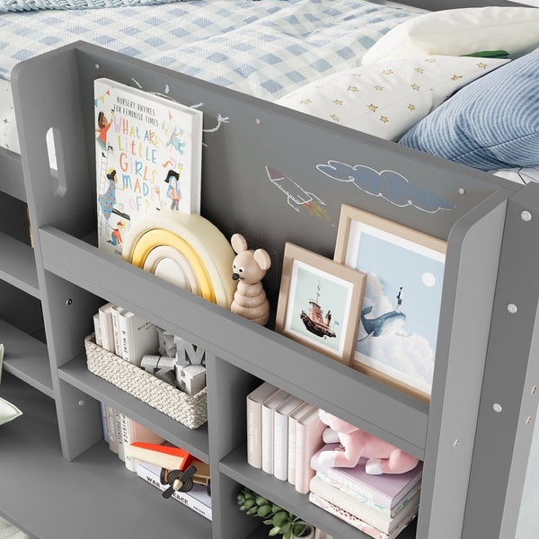 English Elm Full Bunk Bed with Trundle Bookshelf Storage Pine Frame Car Design for Kids W1580S00398