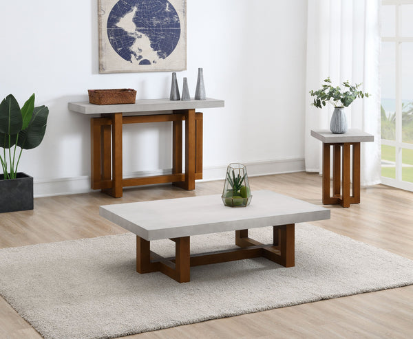 English Elm Keven Faux Concrete Top Sofa Table with Walnut Finish, Cross Base Design, Modern Industrial Accent Piece B2726S00063