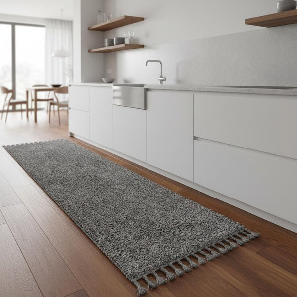 HomeRoots 8' Charcoal Runner Rug with Fringed Edges - Stylish, Durable, and Perfect for Hallways & Entryways 686611