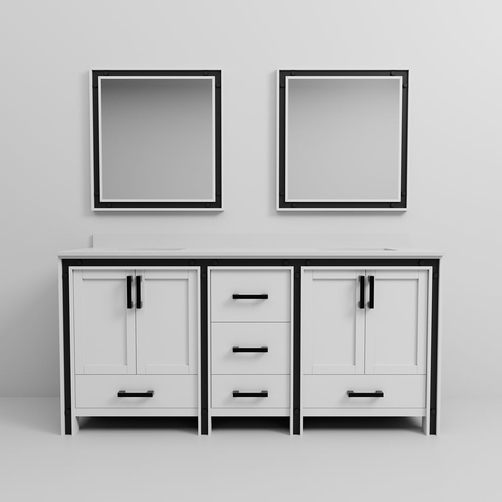 English Elm White Double Bath Vanity 72" W x 22" D with White Quartz Top, Soft-Close Drawers, Dual 30" Mirrors B2731S00913