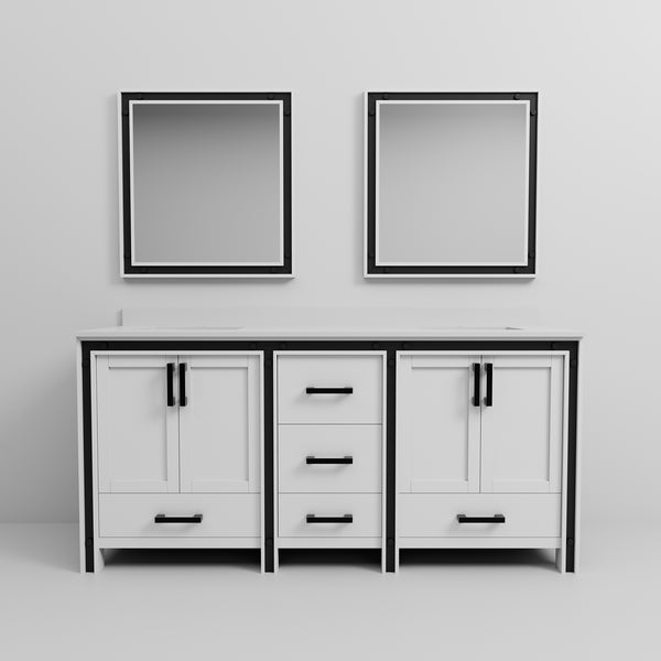 English Elm White Double Bath Vanity 72" W x 22" D with White Quartz Top, Soft-Close Drawers, Dual 30" Mirrors B2731S00913
