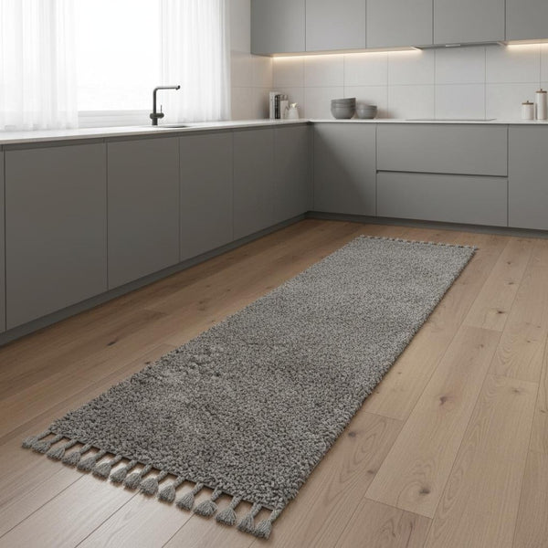 HomeRoots 8' Gray Runner Rug with Fringed Tassels - Soft, Durable, and Stylish for High-Traffic Areas! 686626