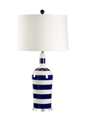 Chelsea House Beach Oversized Stripe Lamp — Hand-Painted Blue & White Porcelain On Clear Acrylic Base, Silk Shade 68663