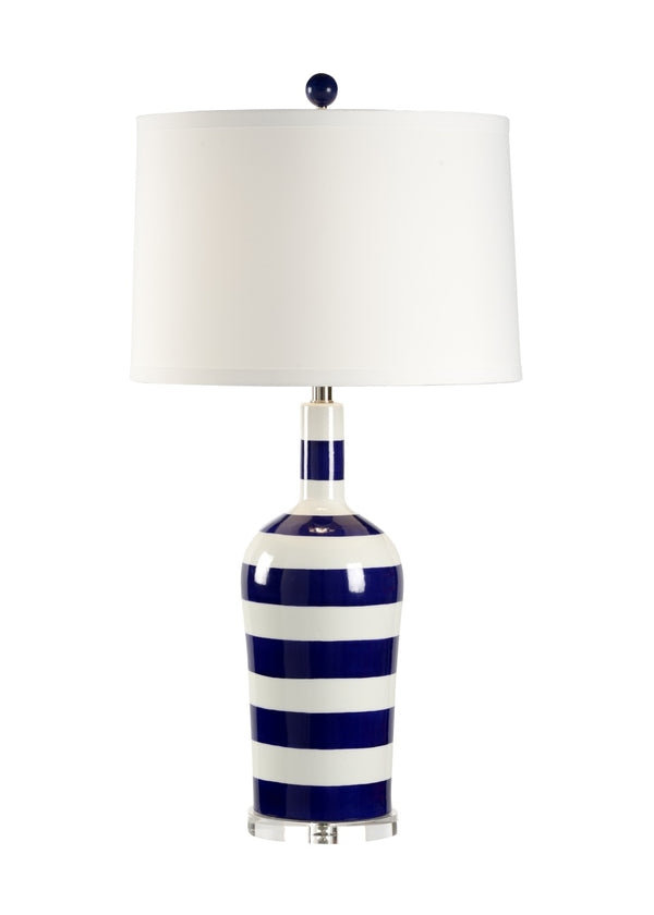 Chelsea House Beach Oversized Stripe Lamp — Hand-Painted Blue & White Porcelain On Clear Acrylic Base, Silk Shade 68663