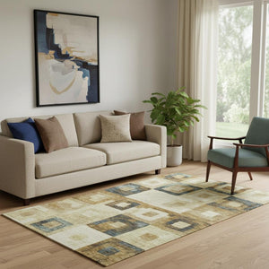 HomeRoots 5' X 8' Beige Teal and Gold Washable Geometric Area Rug with UV Protection for Modern Homes 686659