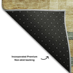 HomeRoots 5' X 8' Beige Teal and Gold Washable Geometric Area Rug with UV Protection for Modern Homes 686659