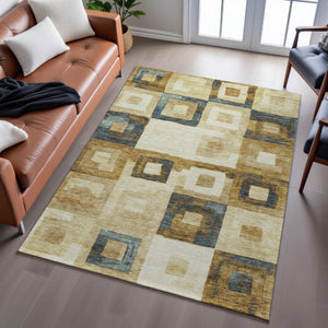 HomeRoots 5' X 8' Beige Teal and Gold Washable Geometric Area Rug with UV Protection for Modern Homes 686659