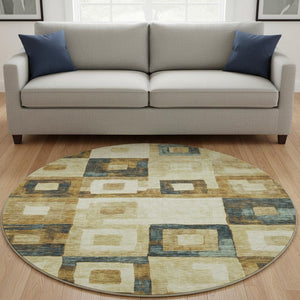 HomeRoots 8' Beige Teal and Gold Geometric Round Rug – Washable, UV-Protected, Stylish for High-Traffic Areas 686660