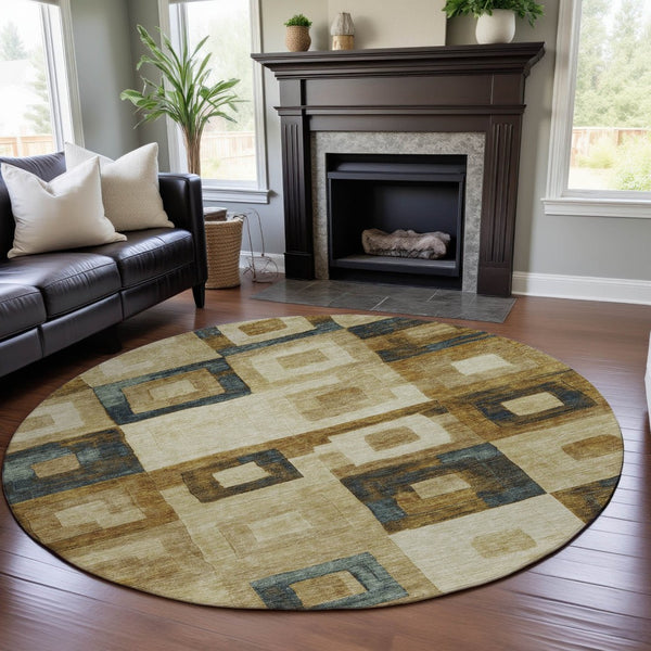 HomeRoots 8' Beige Teal and Gold Geometric Round Rug – Washable, UV-Protected, Stylish for High-Traffic Areas 686660