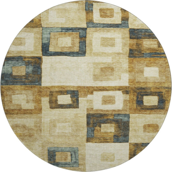 HomeRoots 8' Beige Teal and Gold Geometric Round Rug – Washable, UV-Protected, Stylish for High-Traffic Areas 686660