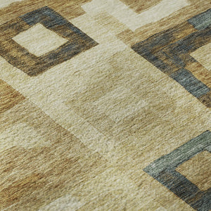 HomeRoots 8' Beige Teal and Gold Geometric Round Rug – Washable, UV-Protected, Stylish for High-Traffic Areas 686660