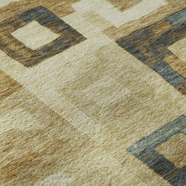HomeRoots 8' Beige Teal and Gold Geometric Round Rug – Washable, UV-Protected, Stylish for High-Traffic Areas 686660