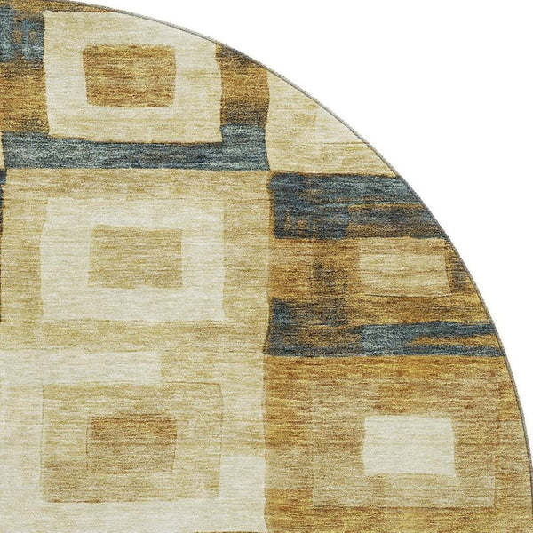 HomeRoots 8' Beige Teal and Gold Geometric Round Rug – Washable, UV-Protected, Stylish for High-Traffic Areas 686660