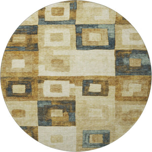 HomeRoots 8' Beige Teal and Gold Geometric Round Rug – Washable, UV-Protected, Stylish for High-Traffic Areas 686660