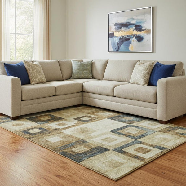 HomeRoots 8' X 10' Modern Beige, Teal & Gold Geometric Area Rug – Washable, UV Protected & Stain Resistant Design 686661