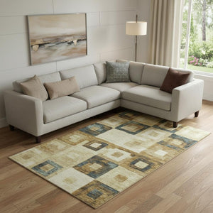 HomeRoots 9' X 12' Beige Teal Gold Geometric Area Rug – Stylish, Washable, UV-Protected for Busy Homes 686662