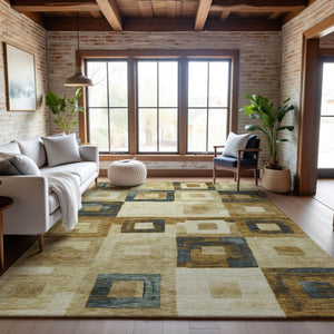 HomeRoots 9' X 12' Beige Teal Gold Geometric Area Rug – Stylish, Washable, UV-Protected for Busy Homes 686662