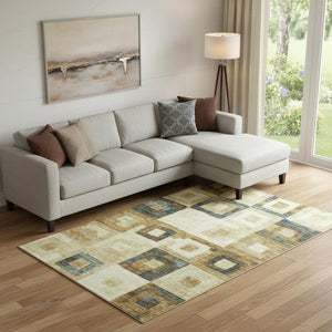 HomeRoots 10' X 14' Beige, Teal & Gold Geometric Washable Area Rug – Durable, UV-Protected for High-Traffic Spaces 686663