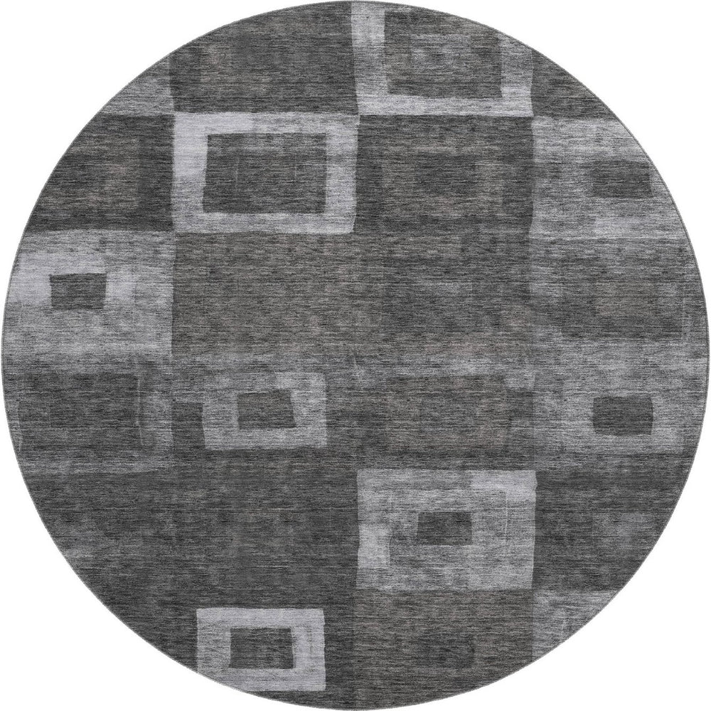 HomeRoots 8' Modern Black, Silver & Gray Geometric Washable Round Rug with UV Protection for High-Traffic Areas 686666