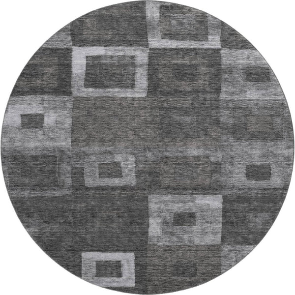 HomeRoots 8' Modern Black, Silver & Gray Geometric Washable Round Rug with UV Protection for High-Traffic Areas 686666