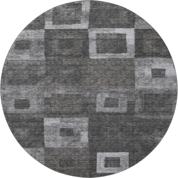 HomeRoots 8' Modern Black, Silver & Gray Geometric Washable Round Rug with UV Protection for High-Traffic Areas 686666