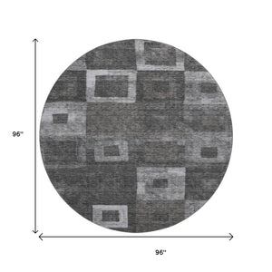 HomeRoots 8' Modern Black, Silver & Gray Geometric Washable Round Rug with UV Protection for High-Traffic Areas 686666