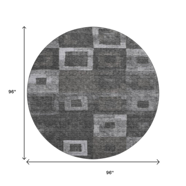 HomeRoots 8' Modern Black, Silver & Gray Geometric Washable Round Rug with UV Protection for High-Traffic Areas 686666