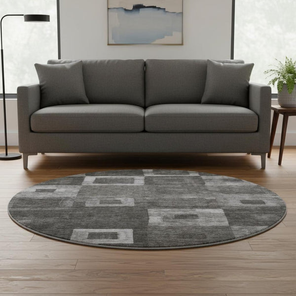 HomeRoots 8' Modern Black, Silver & Gray Geometric Washable Round Rug with UV Protection for High-Traffic Areas 686666