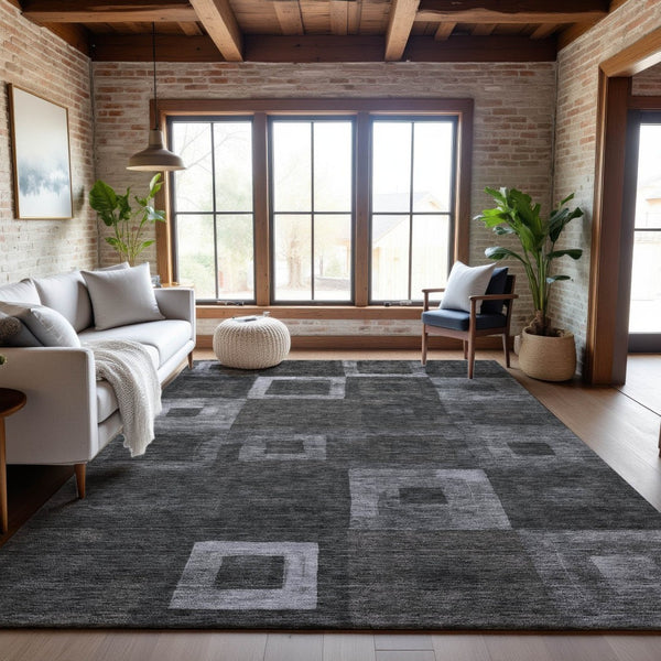 HomeRoots 9' X 12' Washable Geometric Area Rug - Stylish Black, Silver & Gray with UV Protection for Durability 686668