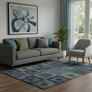 HomeRoots 5' X 8' Washable Blue and Green Geometric Area Rug – UV Protected, Stain Resistant, Perfect for Homes! 686671