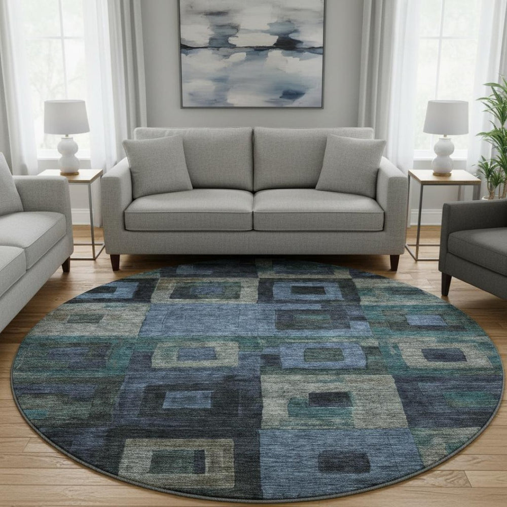 HomeRoots 8' Blue and Green Geometric Washable Round Rug - UV Protected, Stain Resistant & Easy-Care Design! 686672