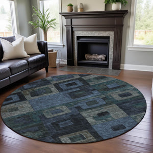 HomeRoots 8' Blue and Green Geometric Washable Round Rug - UV Protected, Stain Resistant & Easy-Care Design! 686672